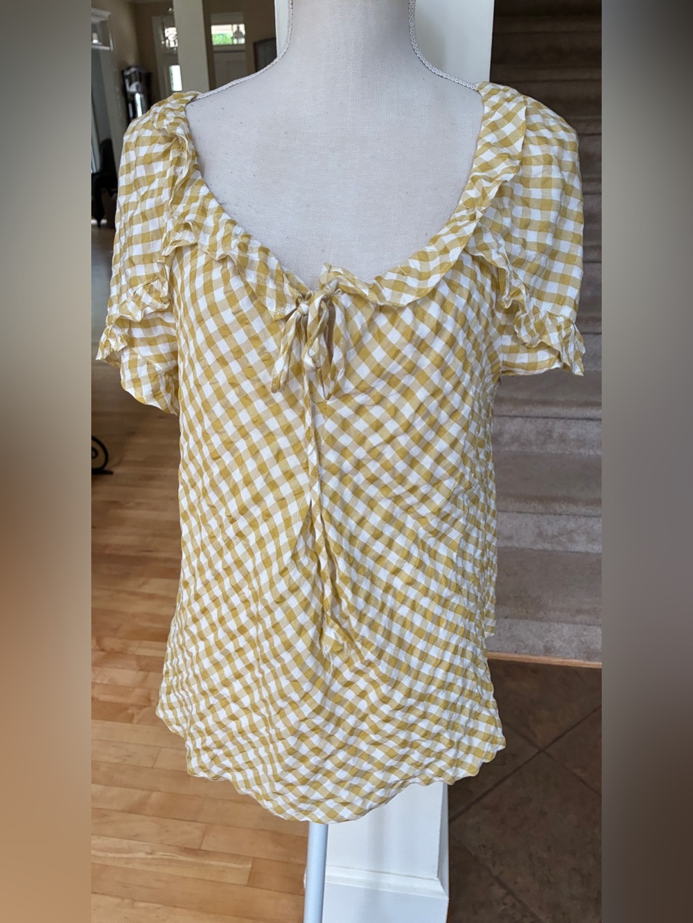 Max Studio Gold and White Gingham Tie-Front Ruffle Sleeve Blouse